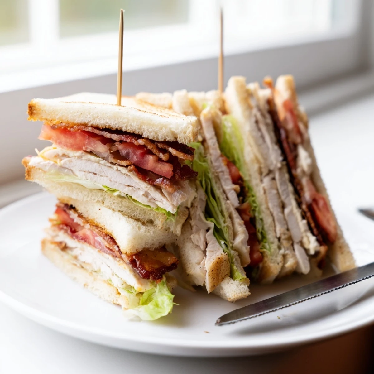 Hearty chicken club sandwiches cut diagonally showcasing tender chicken bacon and ripe tomato slices