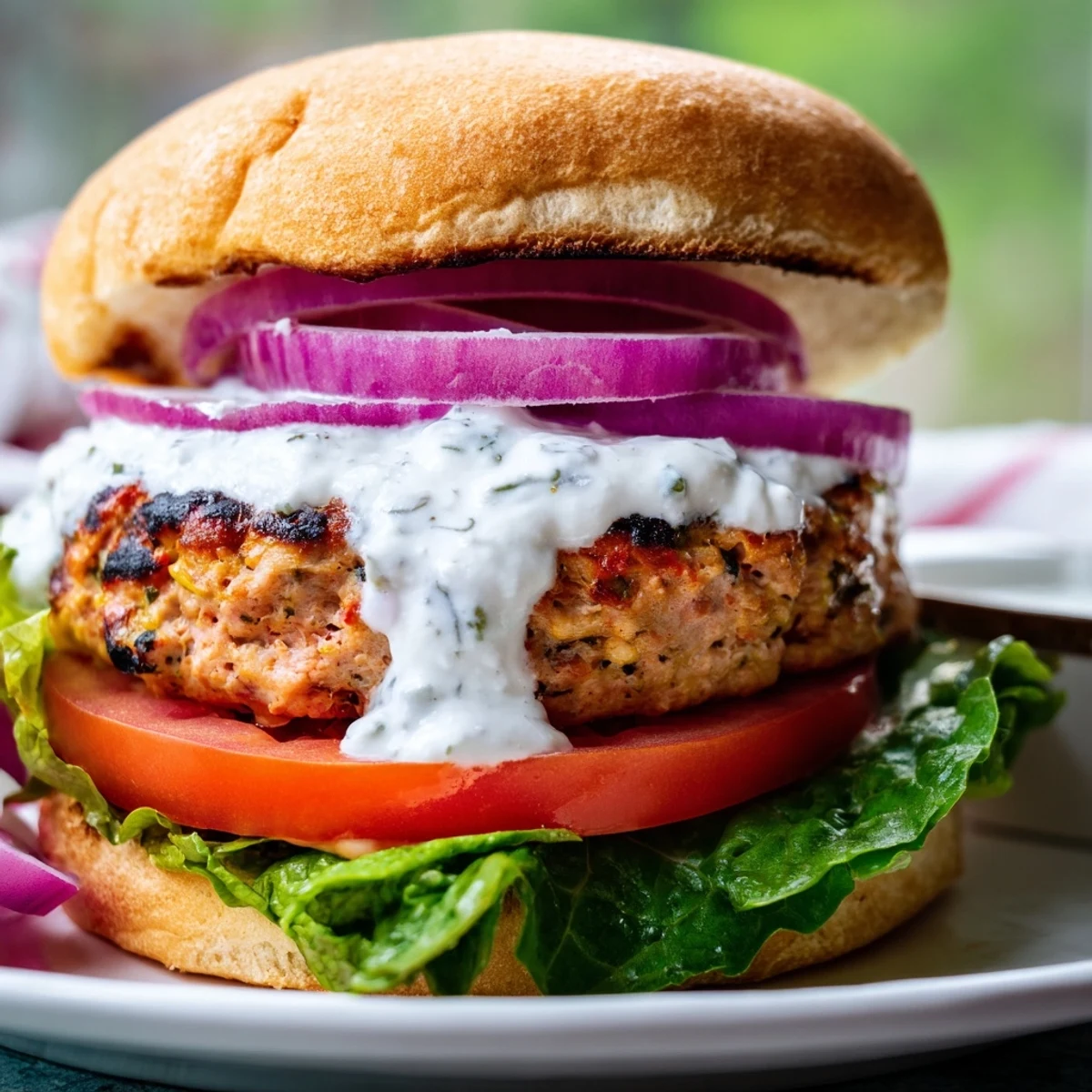 Golden grilled Greek chicken burgers topped with creamy tzatziki sauce and fresh vegetables