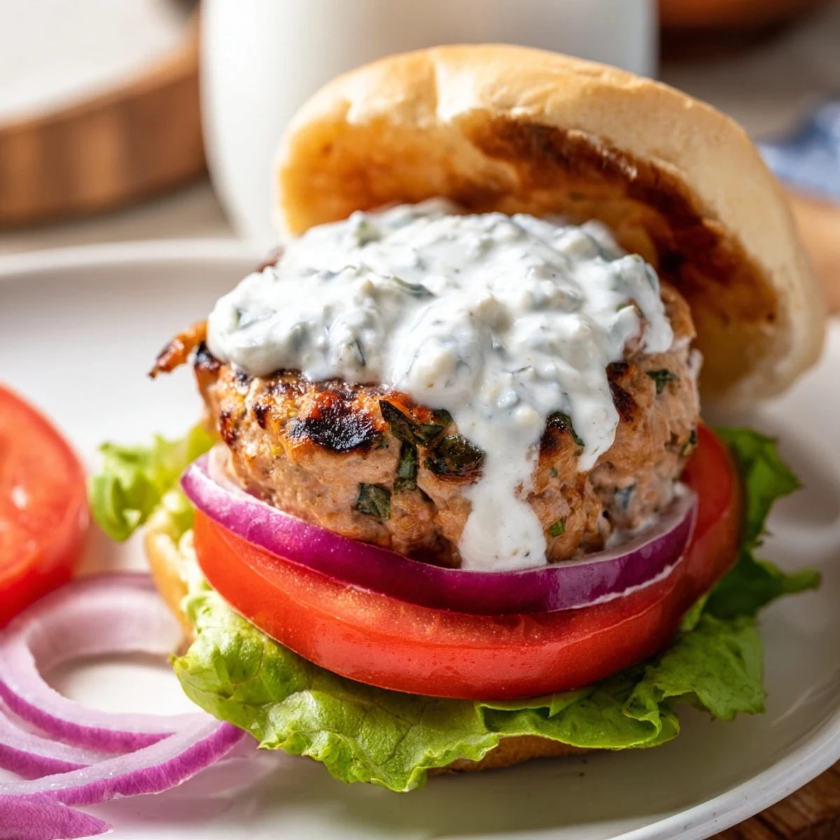 Homemade Greek chicken burgers loaded with tangy tzatziki on toasted buns with crisp lettuce
