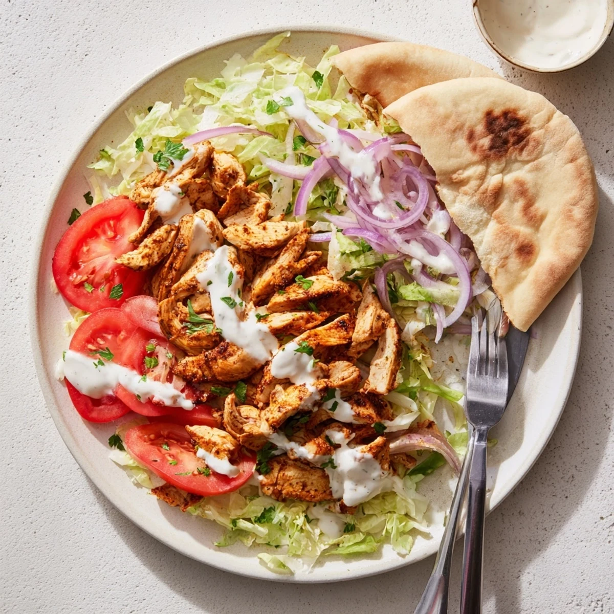 Golden spiced chicken shawarma slices drizzled with creamy white garlic sauce in a warm pita wrap