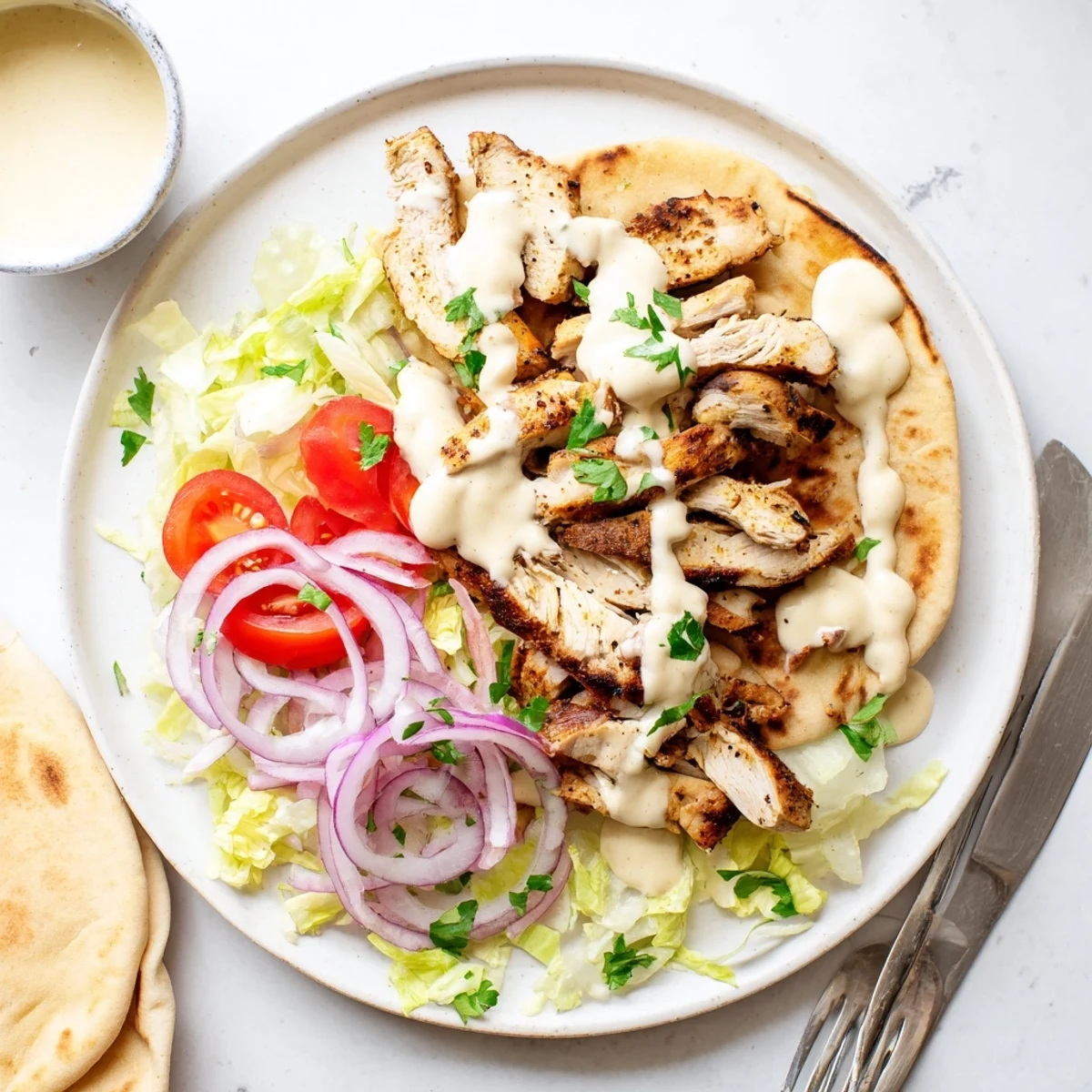 Tender marinated chicken shawarma grilled to perfection with vibrant lettuce tomatoes and zesty homemade toum