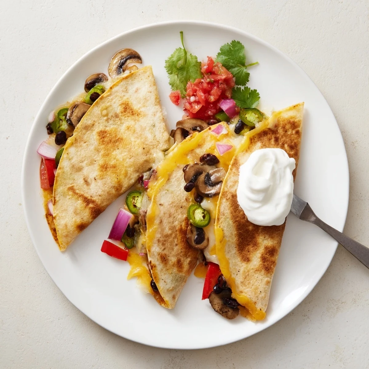 Golden quesadillas with melted cheddar and Monterey Jack cheese oozing from crispy flour tortillas