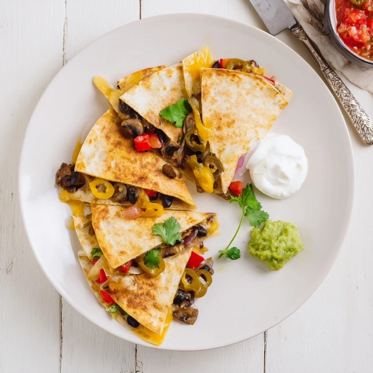 Homemade quesadillas cut into wedges, served with fresh salsa, guacamole, and sour cream