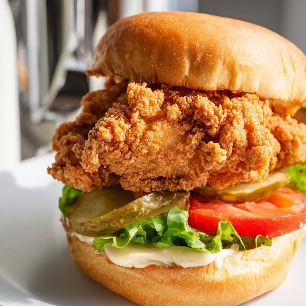 Golden brown ultra crunchy fried chicken burger stacked with crisp lettuce tomato and tangy pickles on toasted brioche bun
