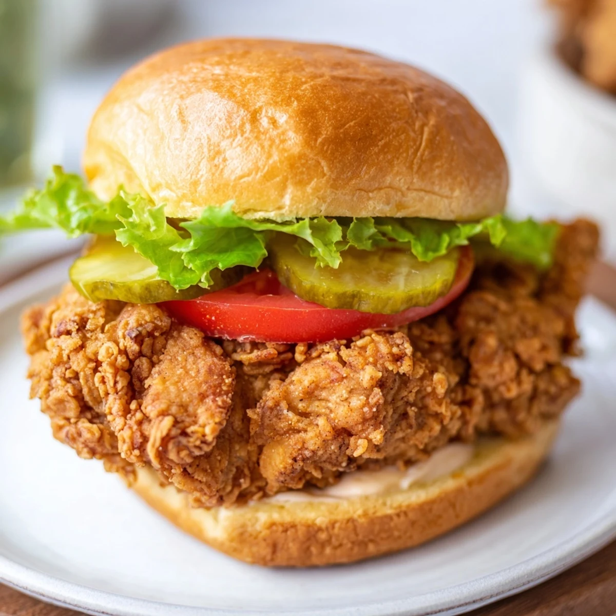 Homemade ultra crunchy fried chicken burger featuring thick craggy coating fresh vegetables and creamy spicy mayo on soft bun