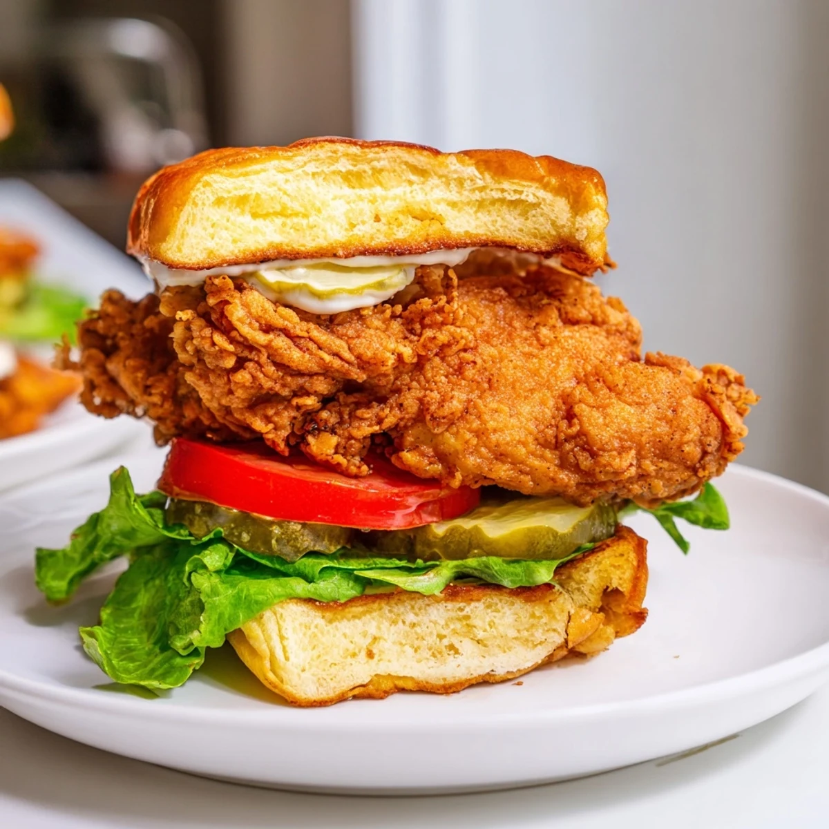 Crispy fried chicken fillet with extra crunchy coating served on toasted bun with lettuce tomato slices and dill pickles