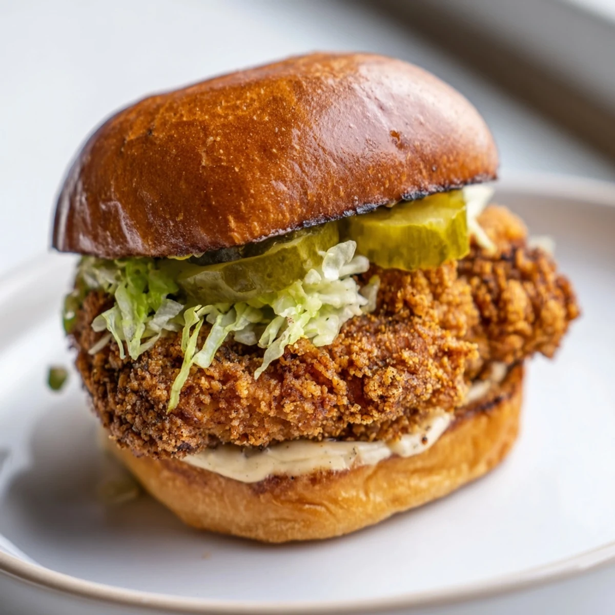 Juicy fried chicken breast sandwich with crisp vegetables and creamy sauce served on a warm brioche bun