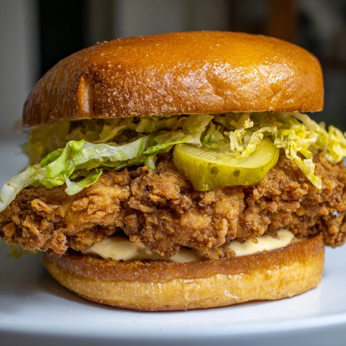 Golden crispy chicken burger piled high with fresh lettuce and tangy pickles on toasted brioche bun
