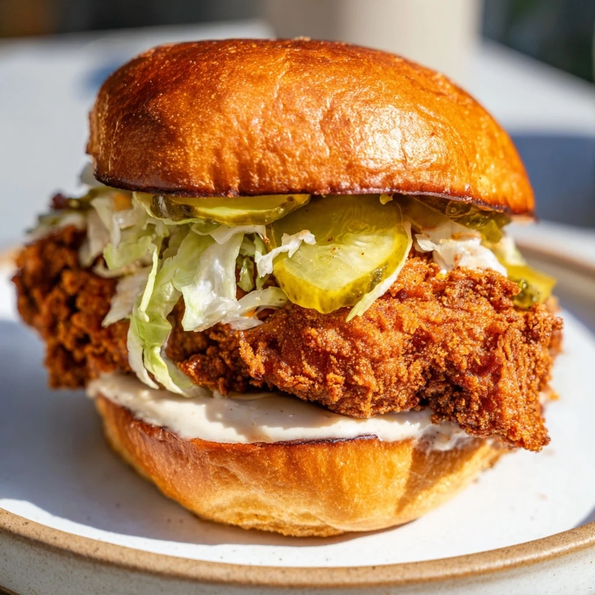 Handheld crispy chicken burger featuring golden crunchy chicken breast topped with dill pickles and shredded lettuce