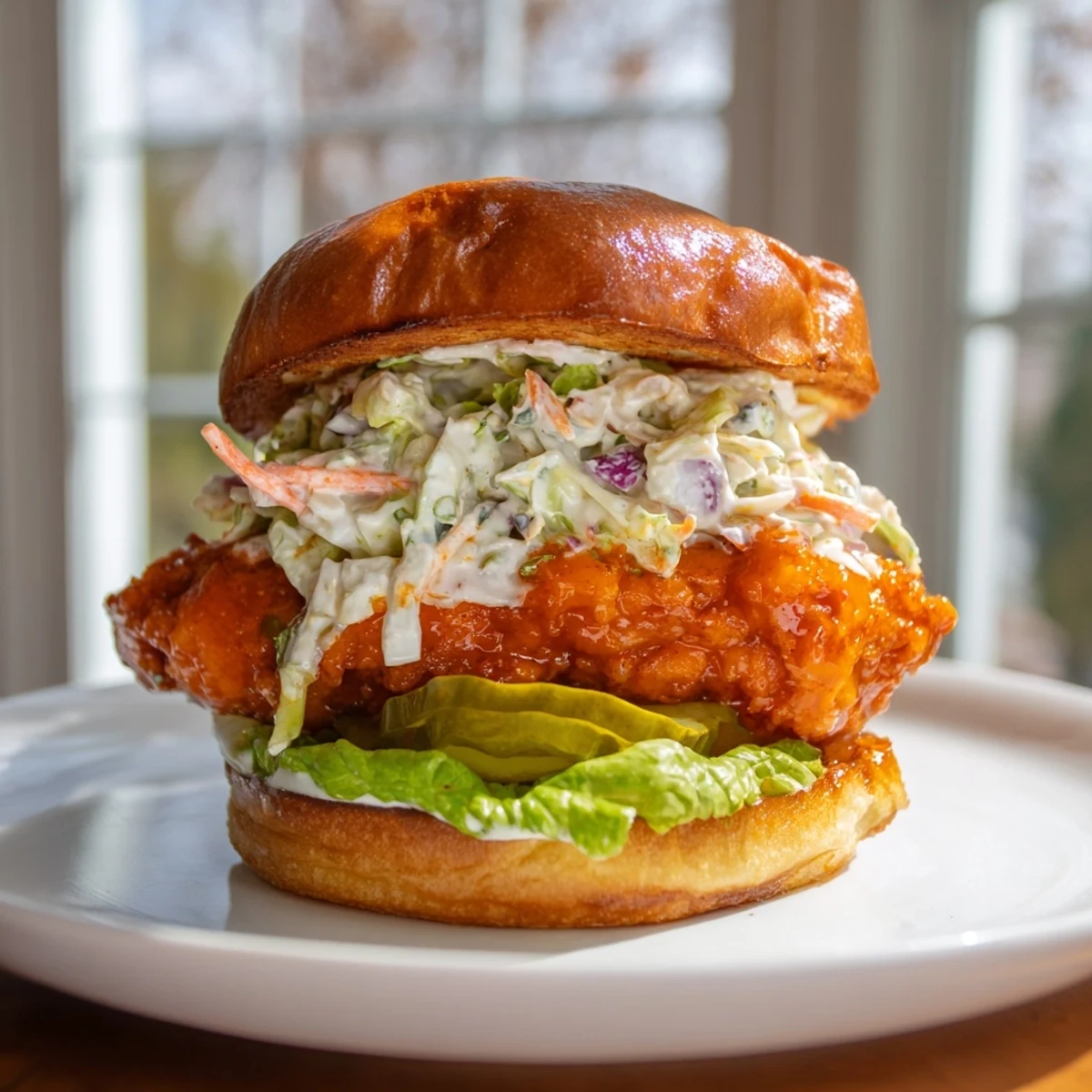 Spicy buffalo chicken breast sandwich with cool cabbage slaw inside soft golden bun