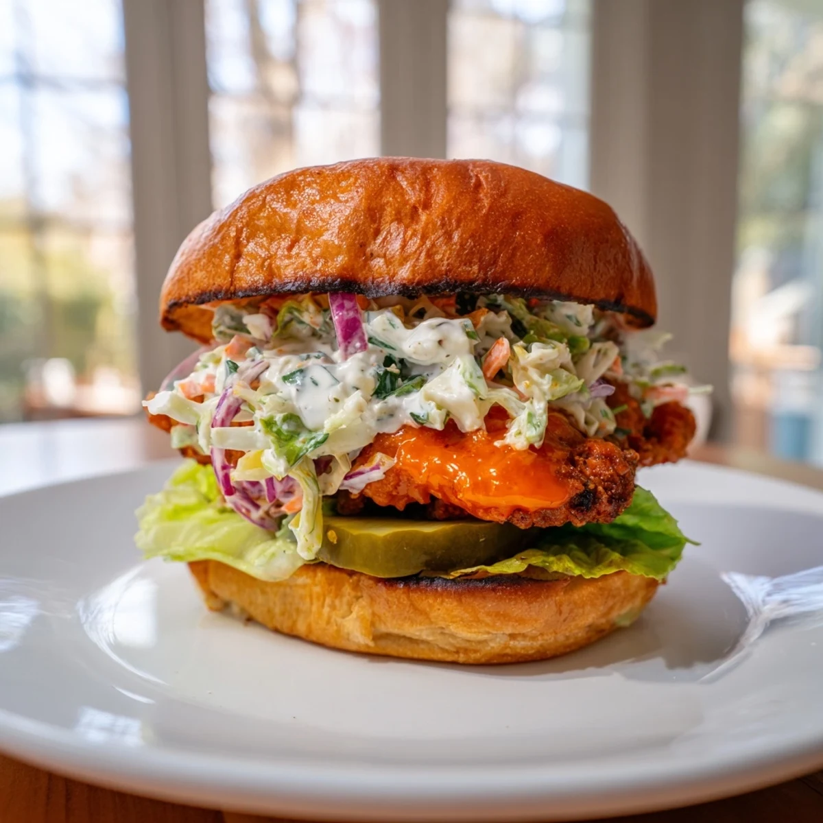 Golden crispy buffalo chicken sandwich topped with creamy ranch slaw on toasted brioche bun