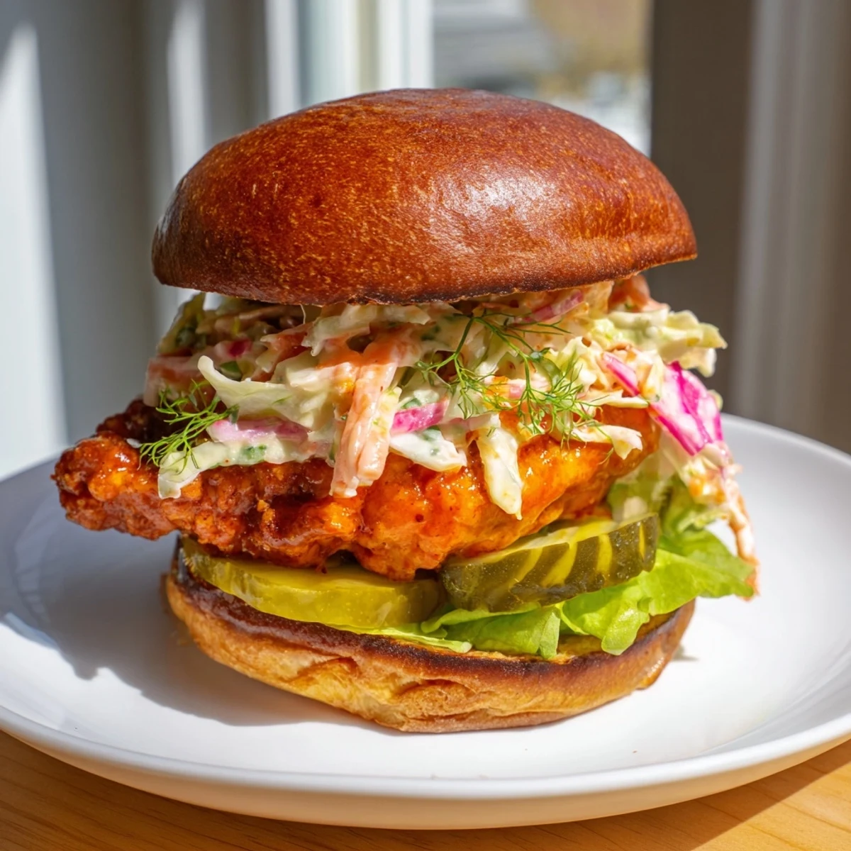 Juicy fried buffalo chicken sandwich layered with tangy ranch coleslaw and pickles