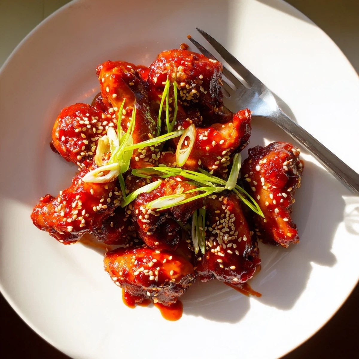 Tender caramelized gochujang chicken pieces coated in sticky Korean chili paste sauce on white plate
