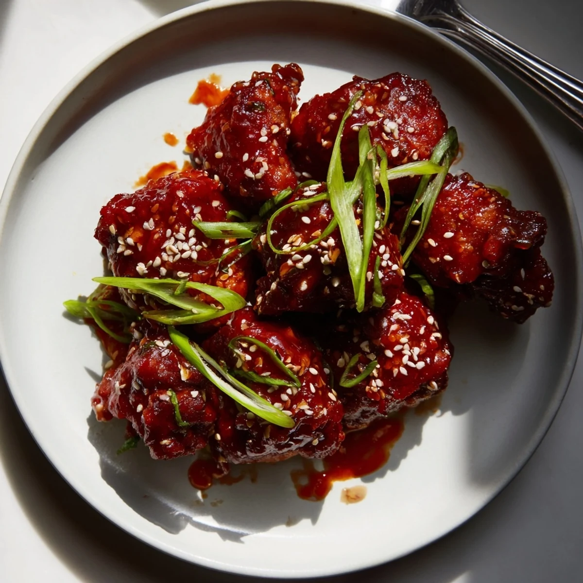 Golden gochujang chicken thighs shimmering with sweet spicy glaze and topped with fresh green onions