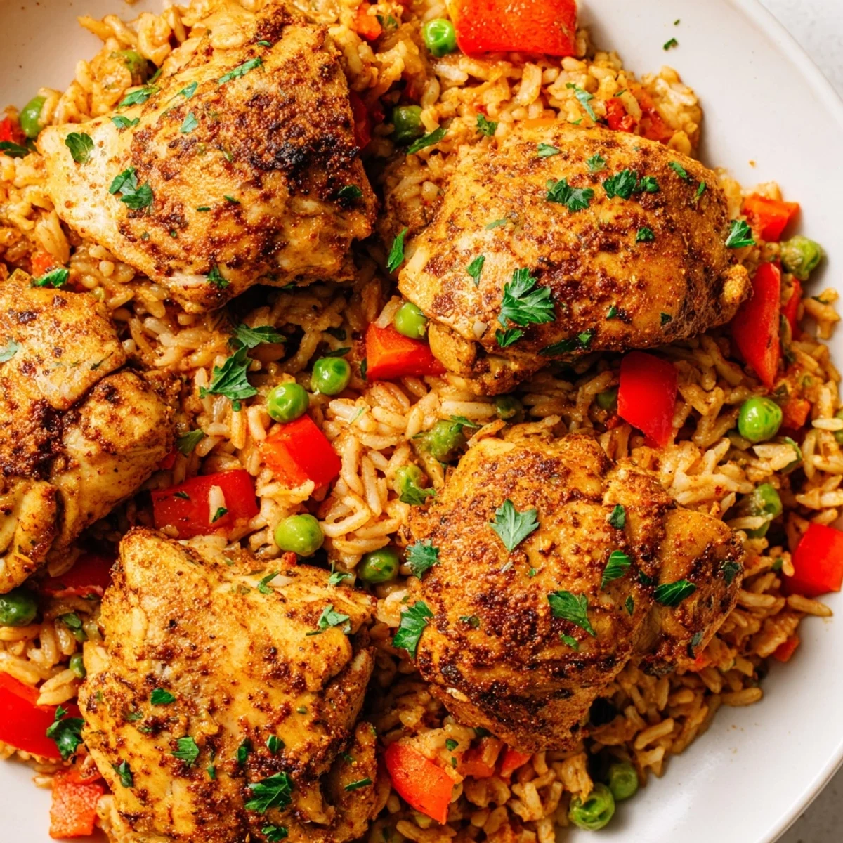 Golden chicken pieces nestled in spiced rice with colorful vegetables in this one pot shawarma chicken and rice