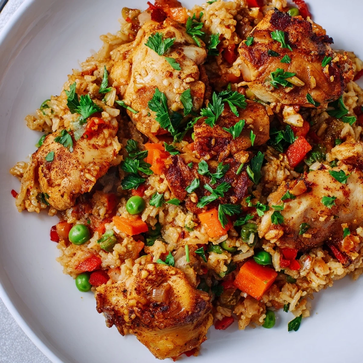 Tender spiced chicken thighs simmered with aromatic rice and fresh veggies for this easy shawarma chicken and rice