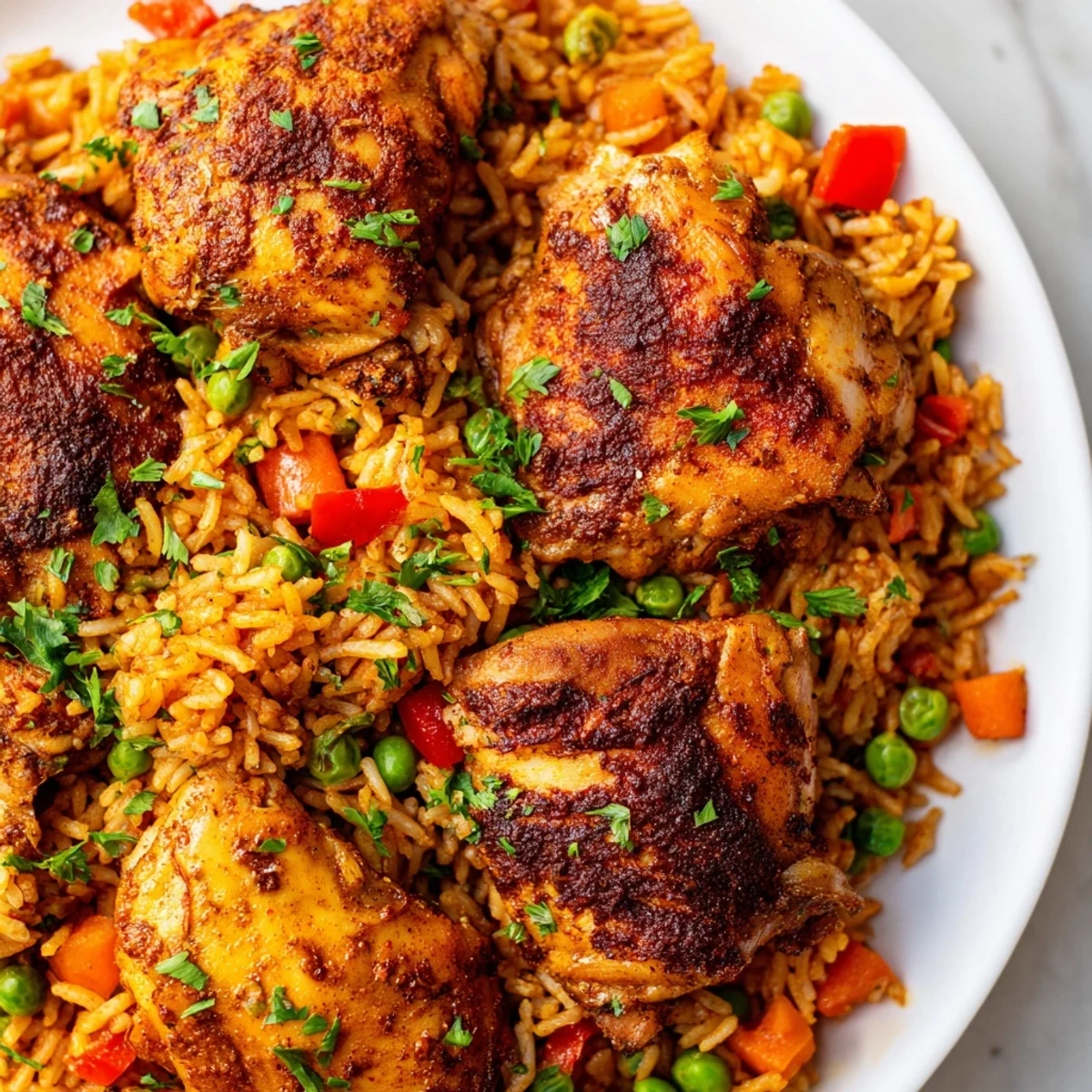 Fragrant Middle Eastern one pot shawarma chicken and rice featuring juicy chicken, fluffy spiced rice, and diced vegetables