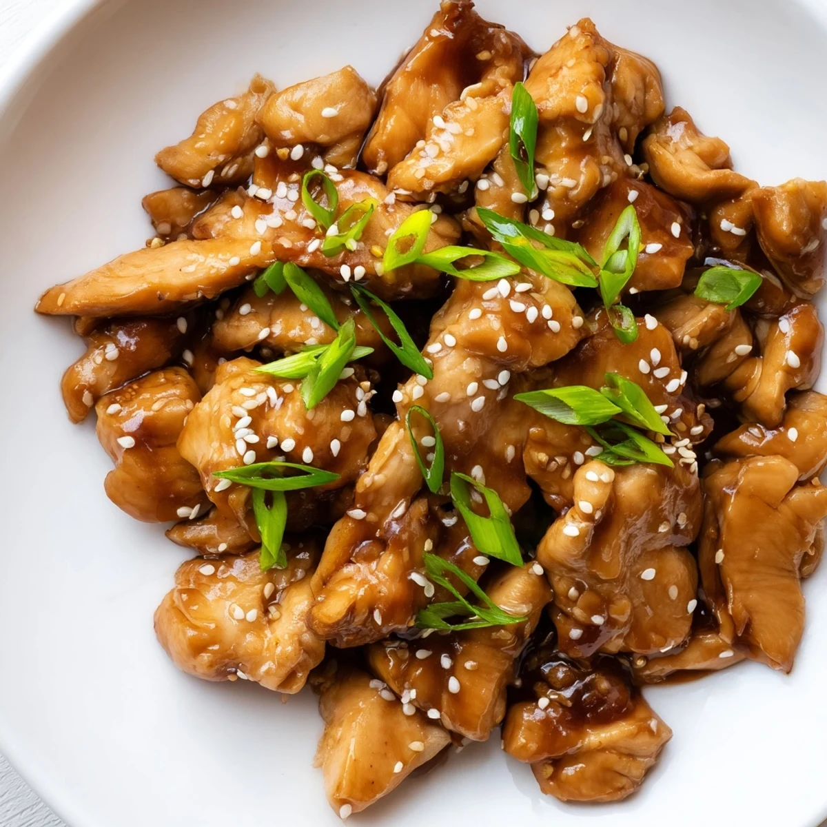 Golden brown Mongolian chicken pieces coated in a rich brown garlic ginger sauce