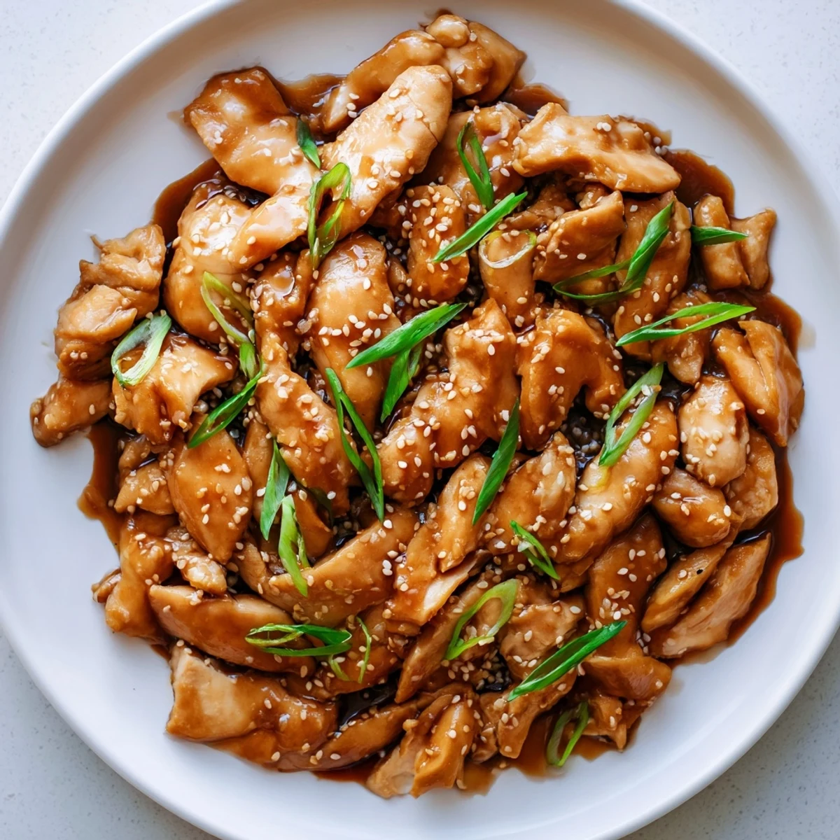 Mongolian chicken stir-fry served over fluffy white rice with fresh green scallion garnish