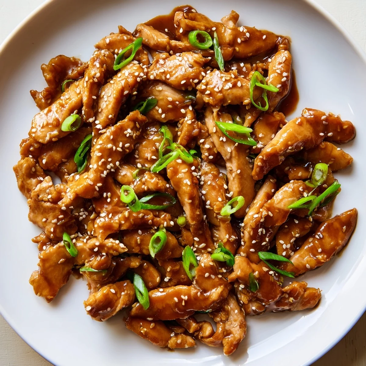 Savory sweet Mongolian chicken glistening in hoisin sauce with sesame seed topping