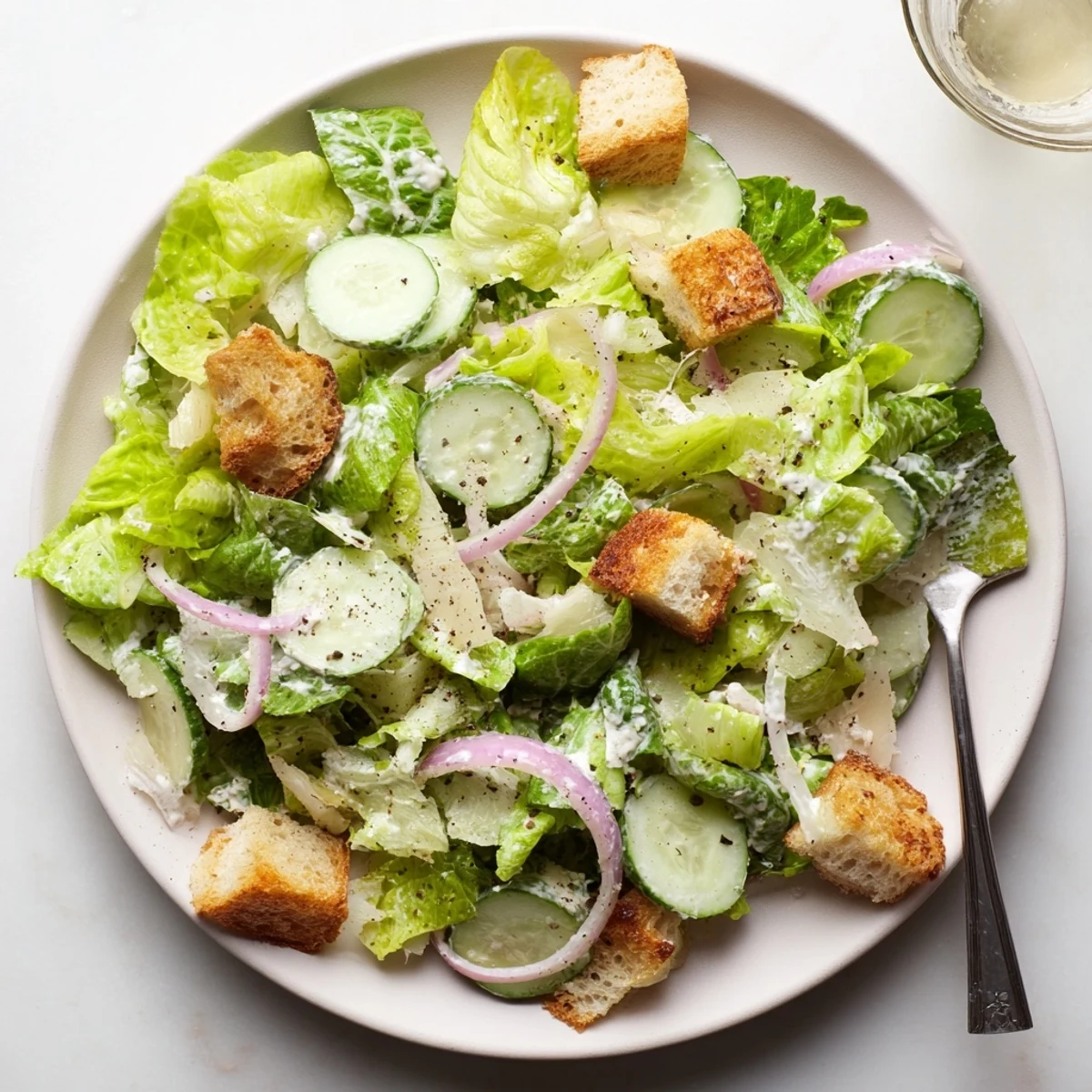 Green cucumber slices tossed with crunchy homemade croutons and tangy Caesar dressing topped with shaved Parmesan cheese