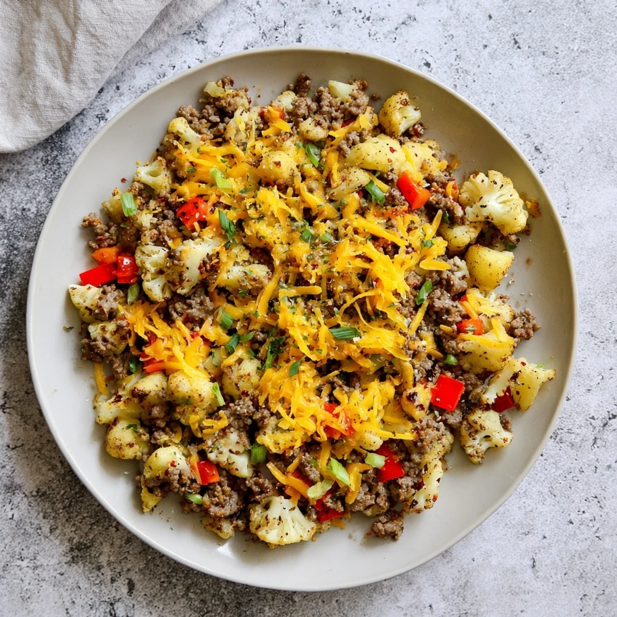 Golden skillet of cauliflower and ground beef hash with colorful peppers and onions bubbling together
