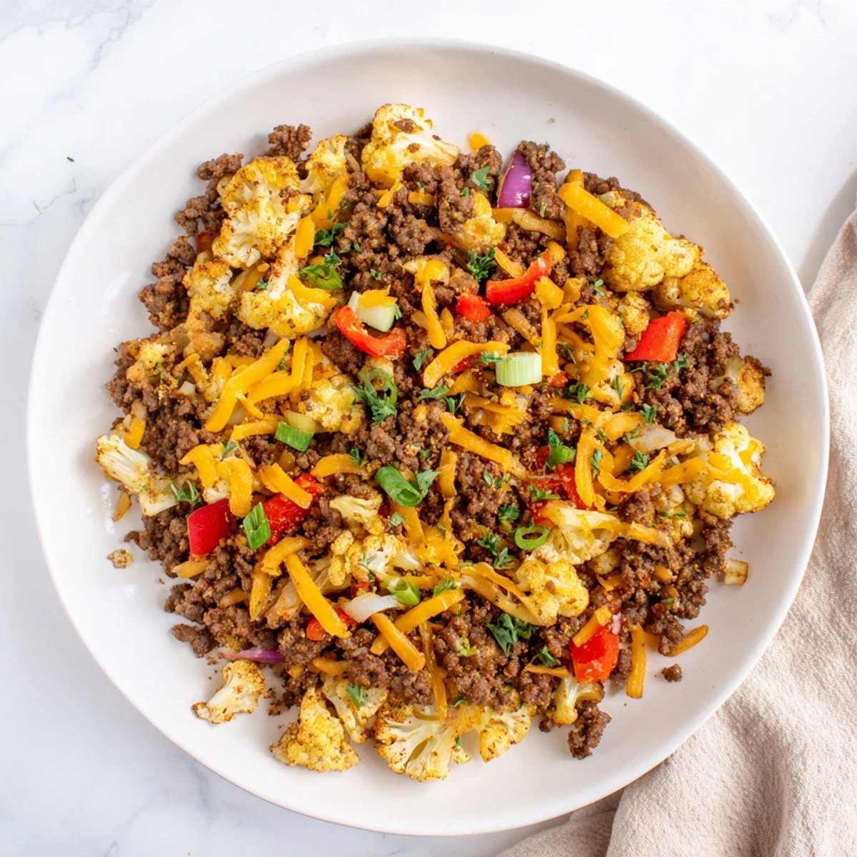 Hearty low-carb cauliflower and ground beef hash served hot with melted cheddar and fresh parsley garnish