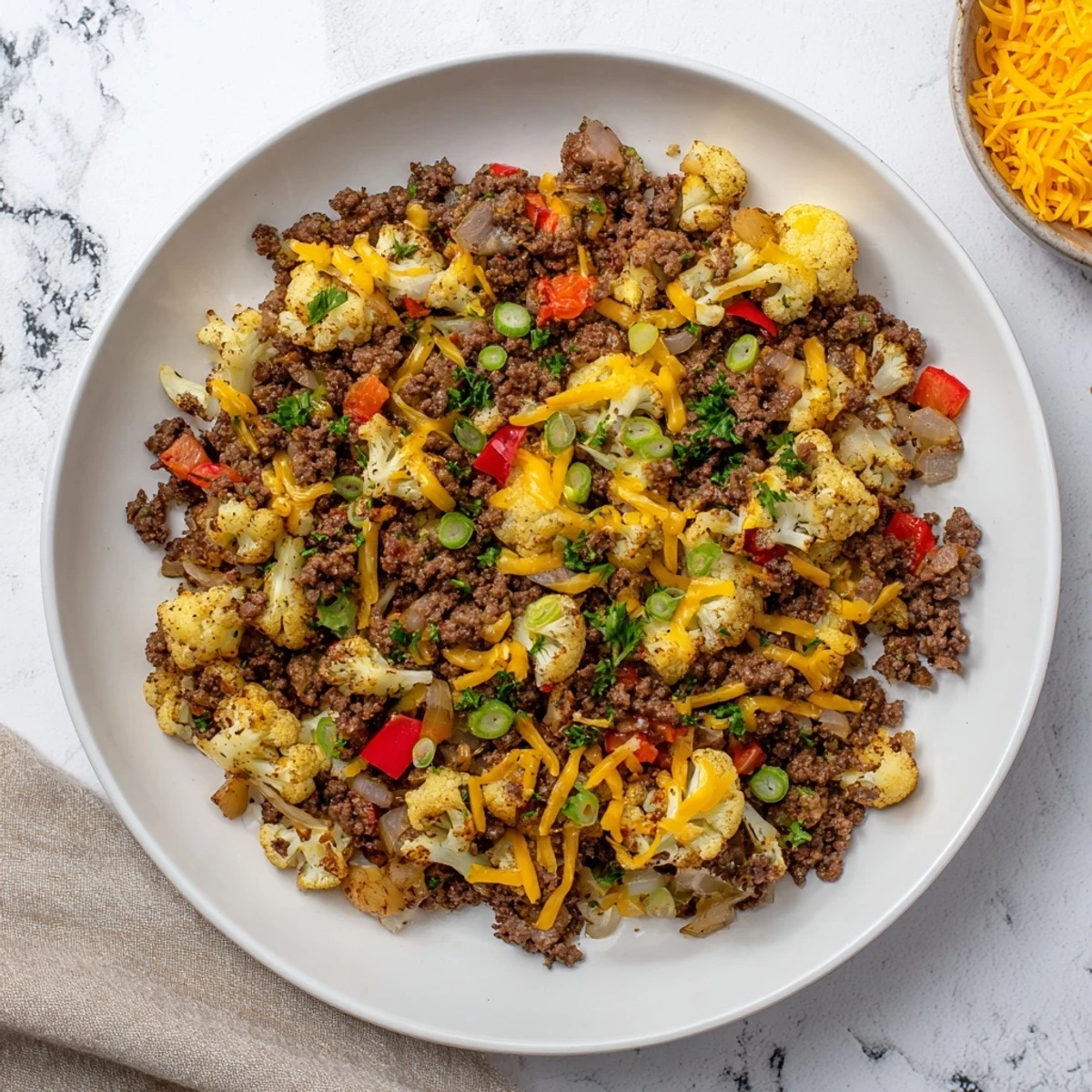 Savory cauliflower hash with seasoned ground beef, diced vegetables, and aromatic spices in a cast iron skillet