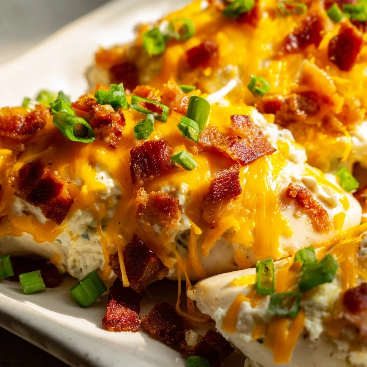 Golden baked crack chicken with crispy bacon and melted cheddar cheese topping
