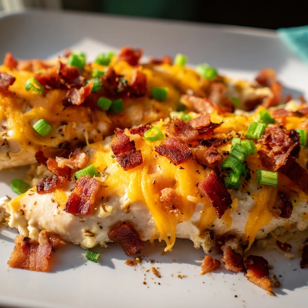 Oven-baked cheesy crack chicken dish topped with crispy bacon and green onions