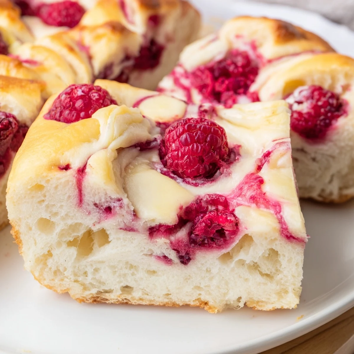 Square slice of sweet raspberry cheesecake sourdough focaccia featuring dimpled crust and juicy fruit topping