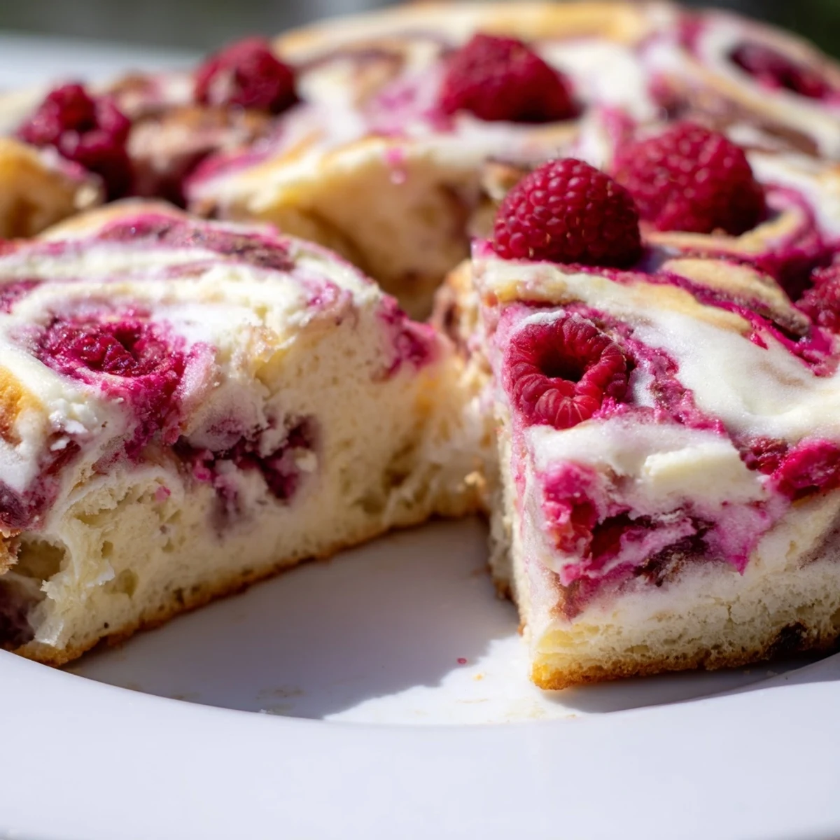 Rustic sourdough focaccia topped with cheesecake mixture and fresh raspberries baked to golden perfection
