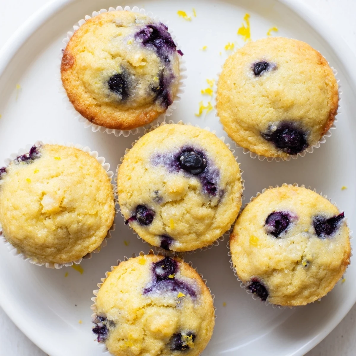 Golden almond flour blueberry muffins topped with juicy berries in a muffin tin