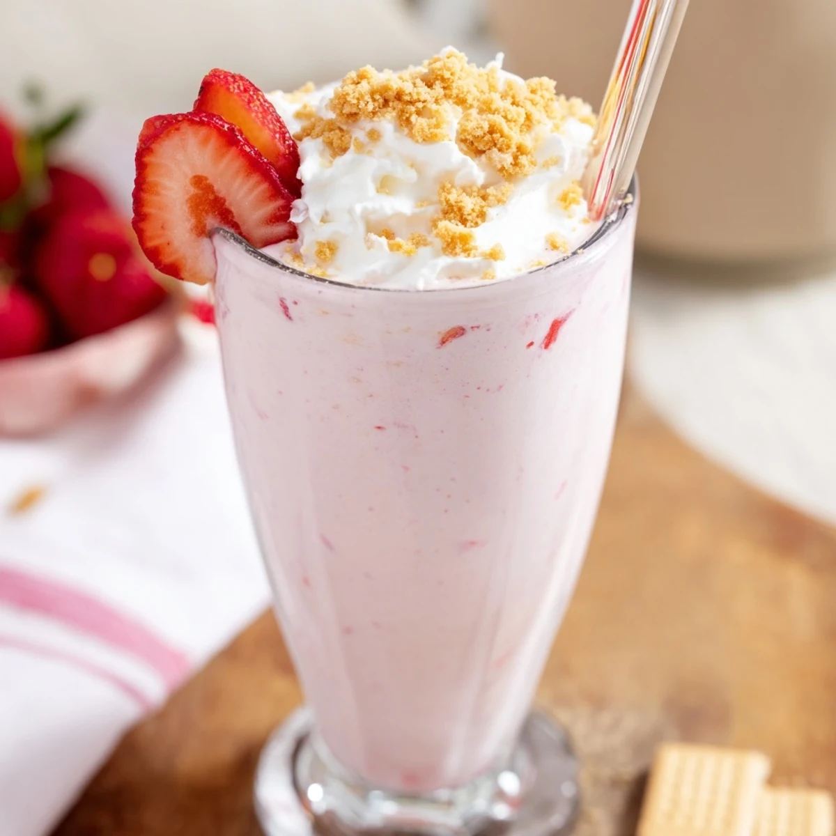 Thick strawberry cheesecake milkshake topped with whipped cream and fresh strawberry slices in a chilled glass