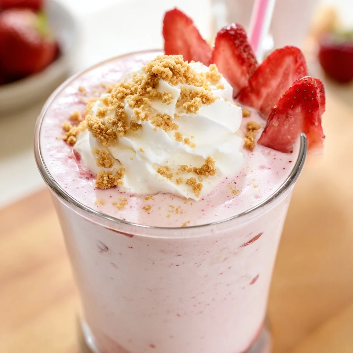 Creamy strawberry cheesecake milkshake garnished with crushed graham crackers and juicy red strawberry halves