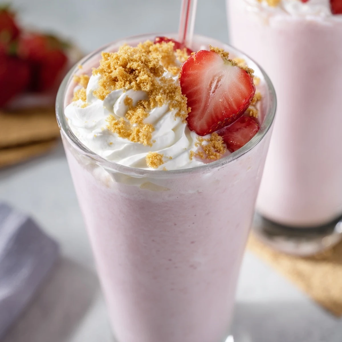 Rich pink strawberry cheesecake milkshake blended smooth with vanilla ice cream and fresh strawberries