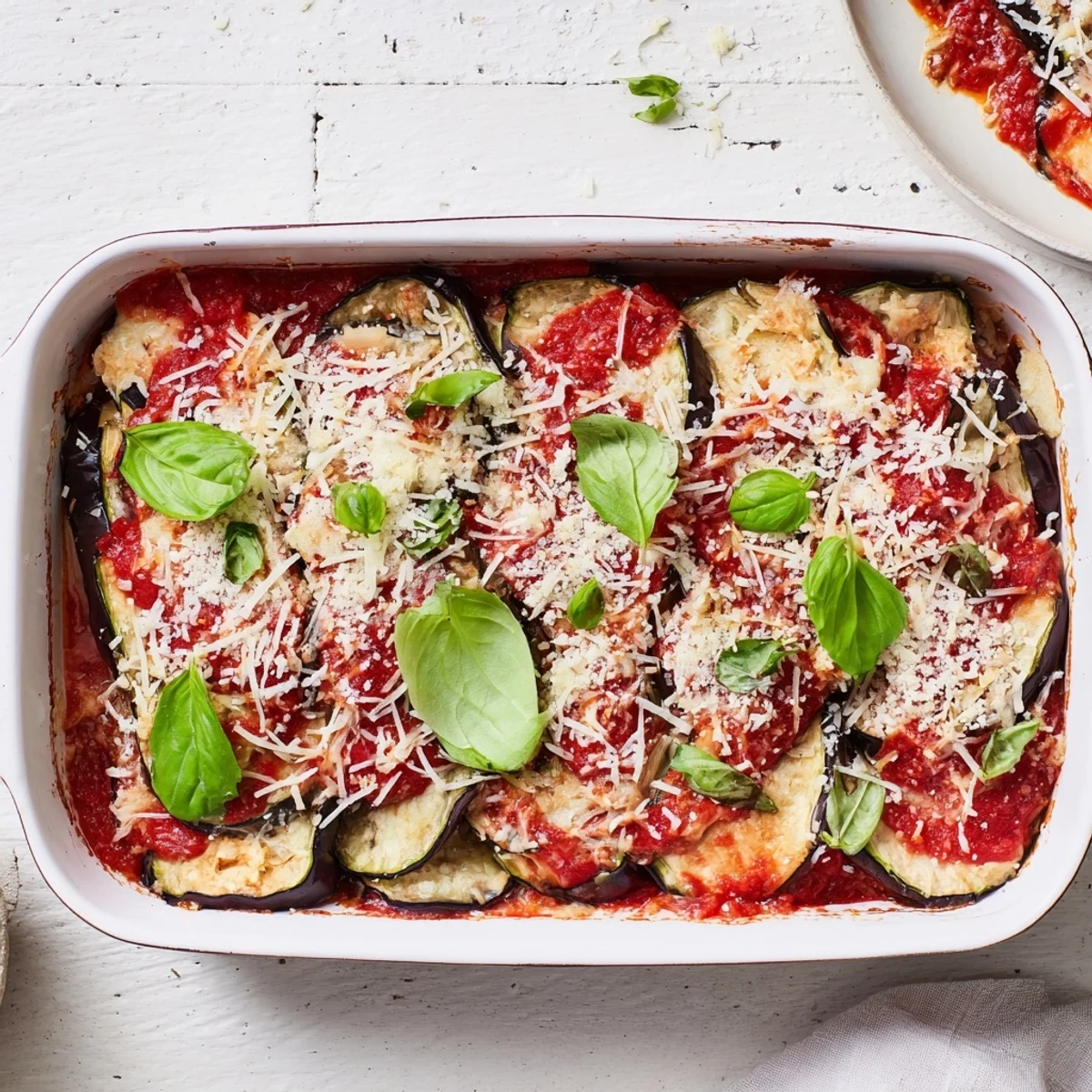 Golden bubbly ricotta eggplant casserole with layers of roasted eggplant and melted mozzarella cheese