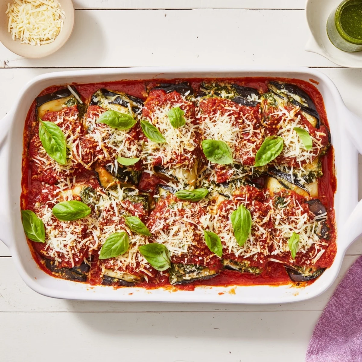 Baked ricotta eggplant casserole fresh from the oven garnished with basil and cheesy topping