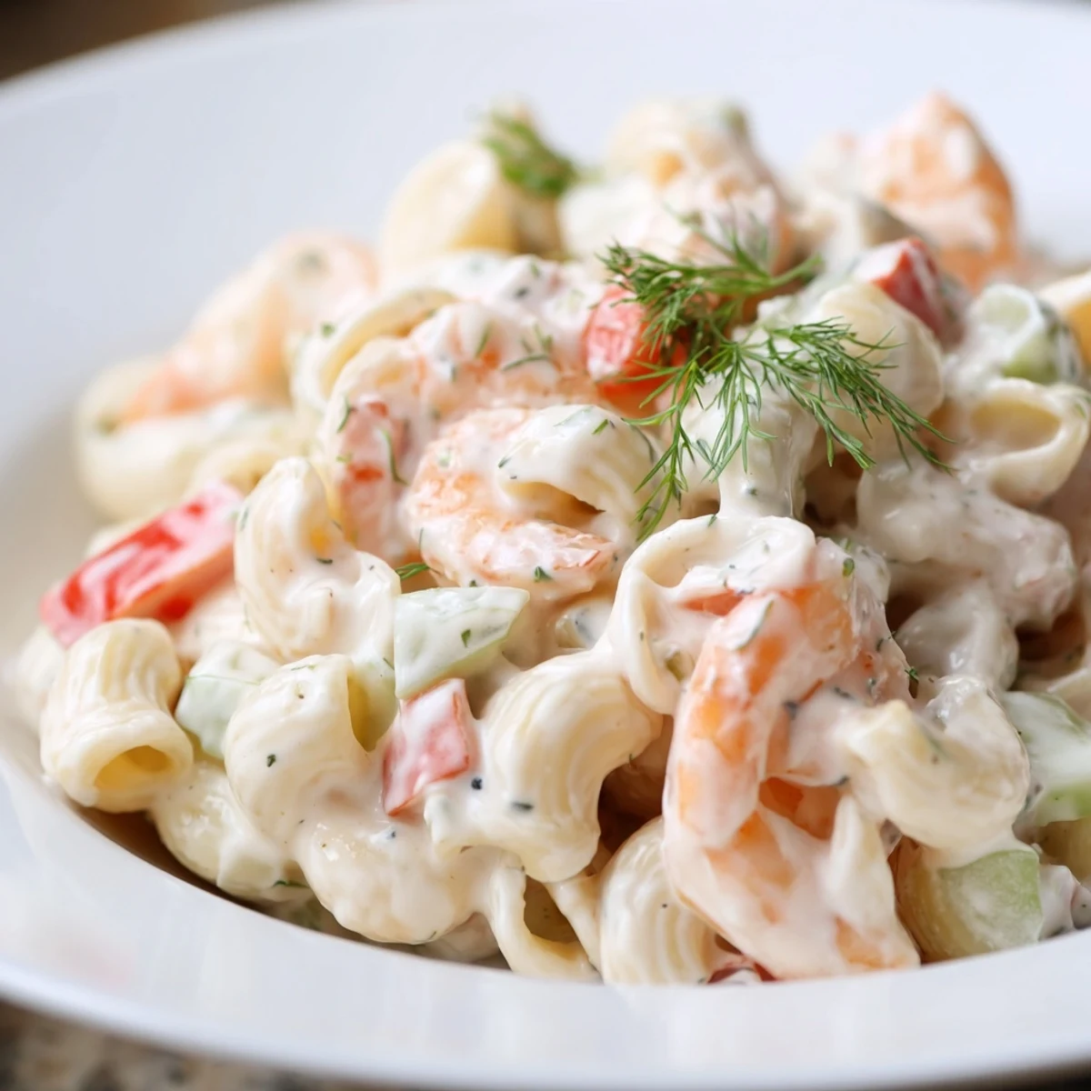 Creamy shrimp pasta salad bowl with tender shrimp, colorful diced vegetables, and fresh herbs garnish