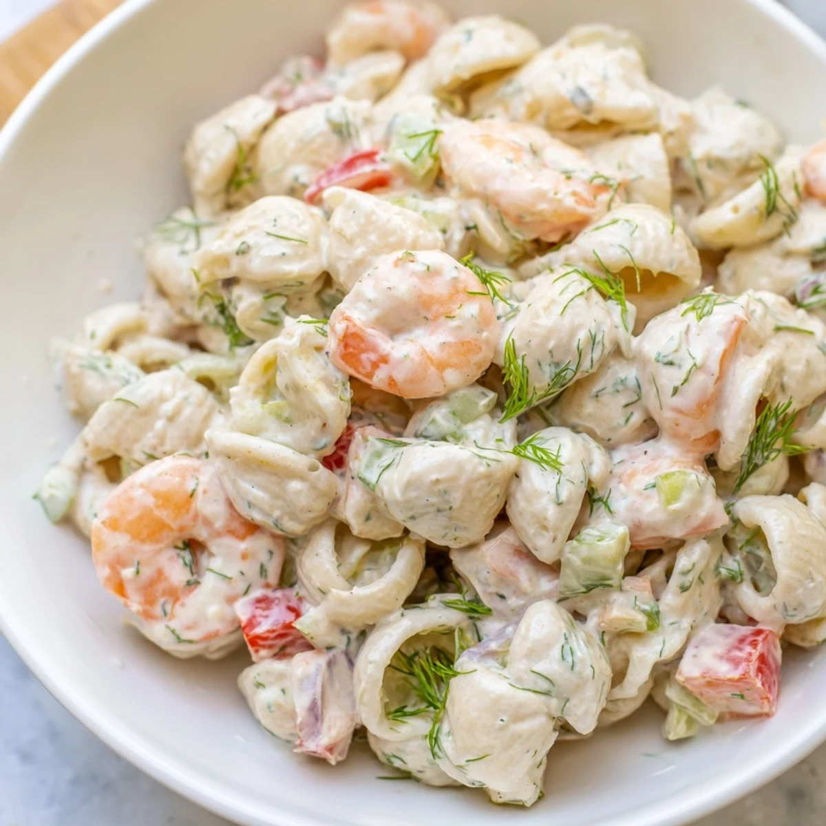 Cold pasta salad featuring juicy shrimp, crisp bell peppers, and tangy creamy dressing for summer
