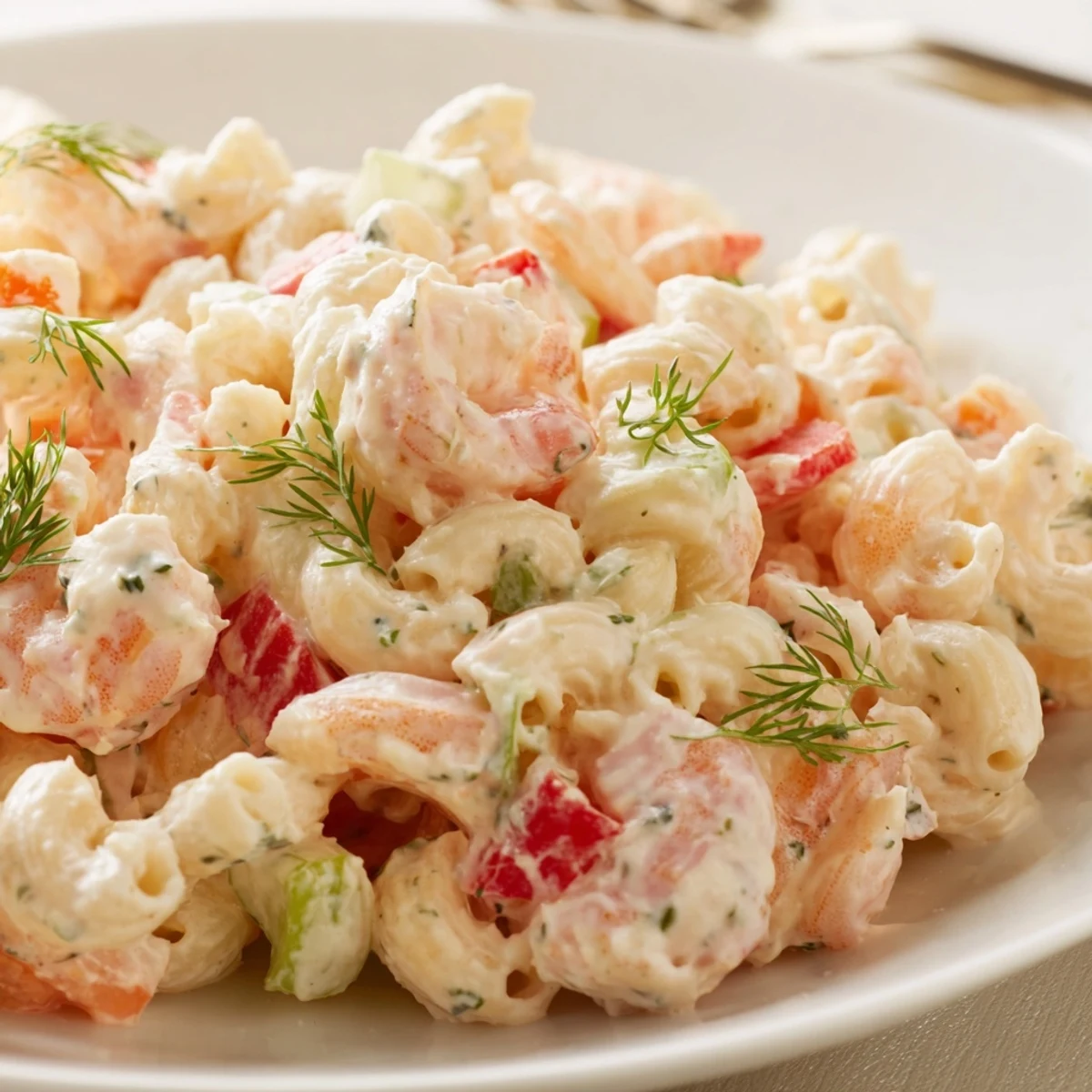 Creamy shrimp pasta salad plated on lettuce with dill, red onion, and cucumber pieces