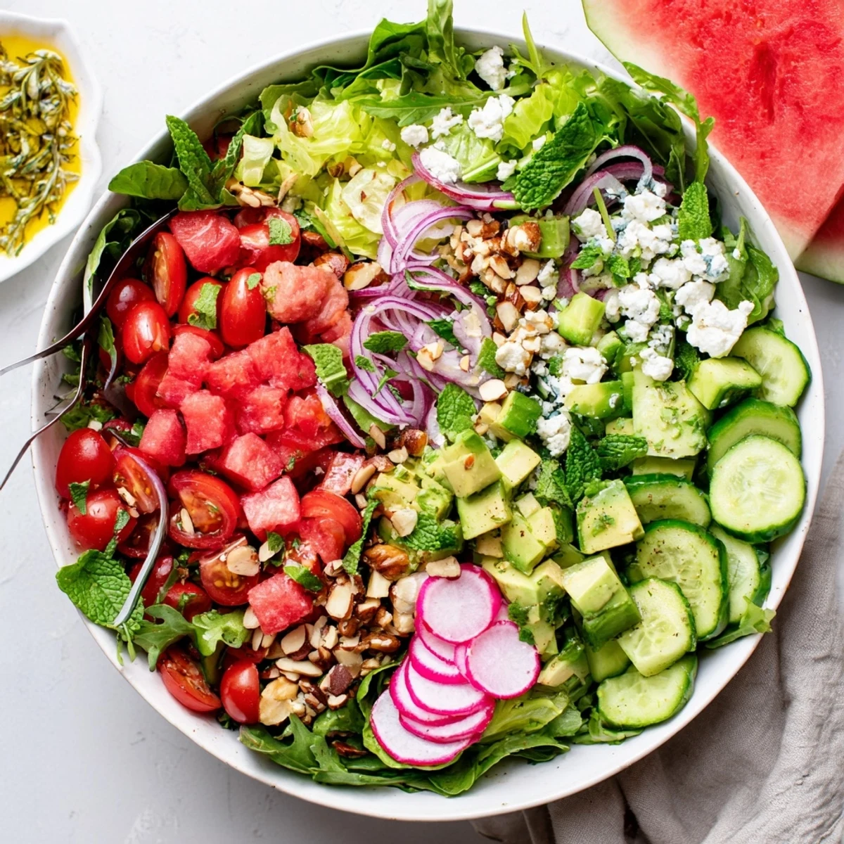 Colorful Ultimate Summer Salad bowl with fresh watermelon, feta, and crisp vegetables drizzled with zesty lemon vinaigrette