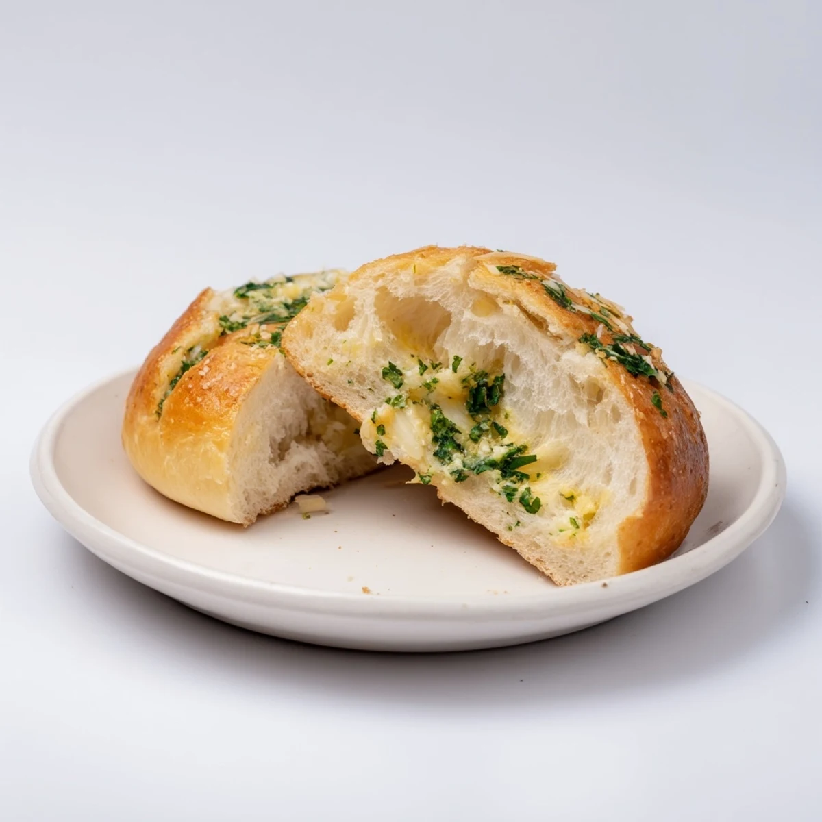 Golden brown garlic bread rolls fresh from the oven with melted butter and parsley garnish