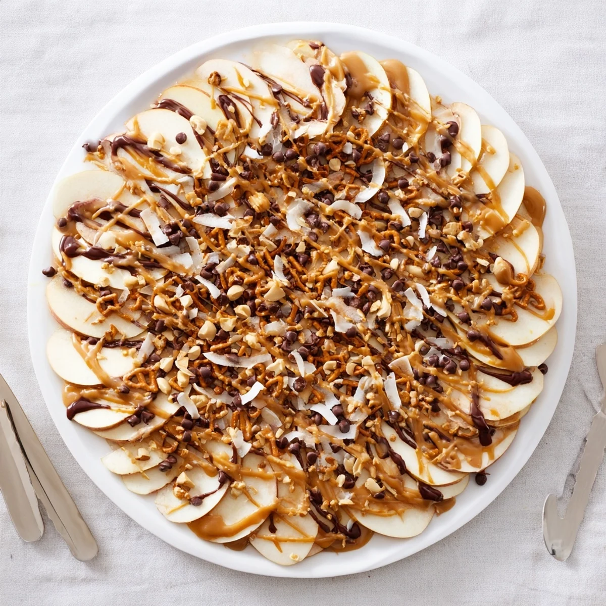 Crisp apple slices arranged like nachos with warm peanut butter and melted chocolate toppings