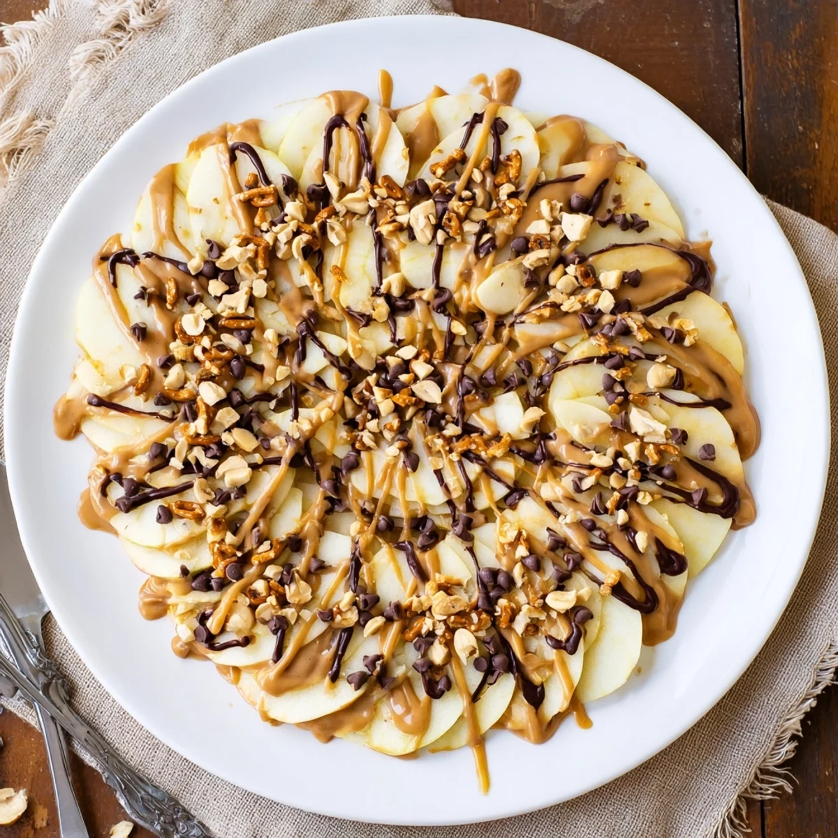 Colorful plate of apple nachos featuring peanut butter drizzle chocolate chips and coconut sprinkles