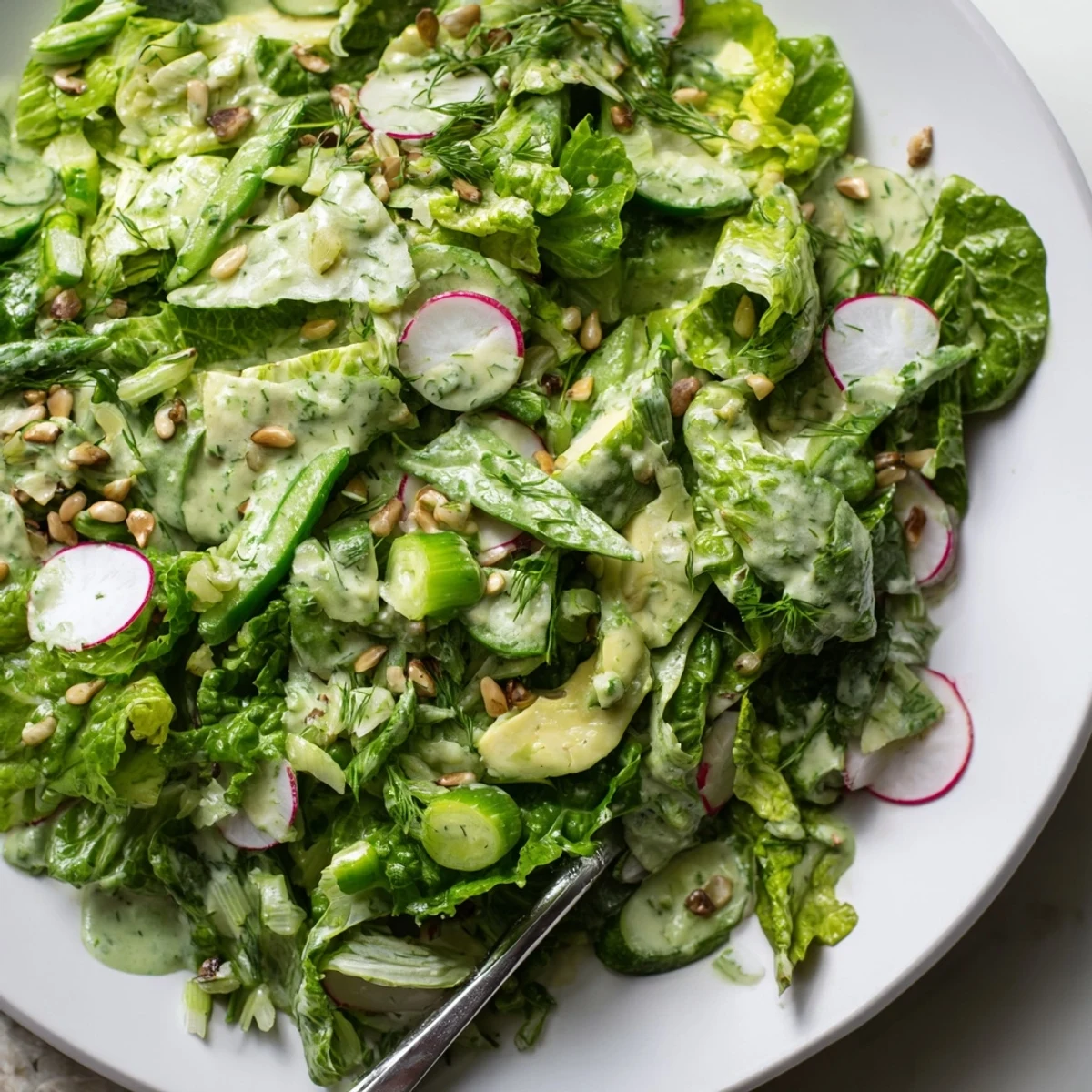 Fresh Green Goddess Salad drizzled with tangy homemade dressing and fresh green herbs