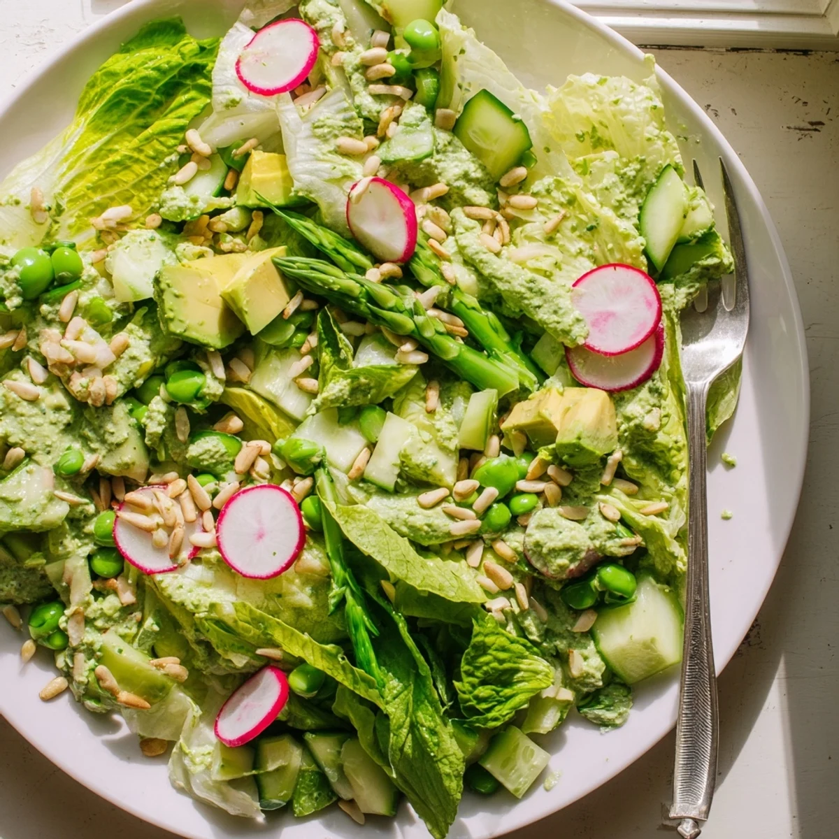 CrispFresh Green Goddess Salad featuring mixed greens cucumber snap peas radishes and creamy avocado