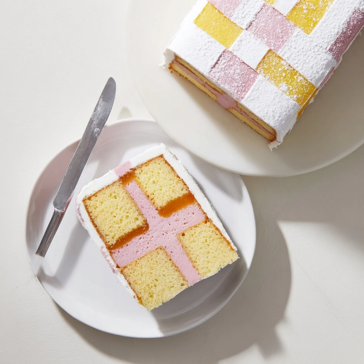 Classic Battenberg Cake displaying pink and yellow checkerboard sponges wrapped in smooth white marzipan