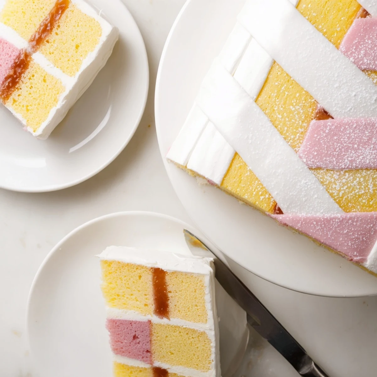Homemade Battenberg Cake slice revealing signature checkerboard pattern with sweet apricot jam layers