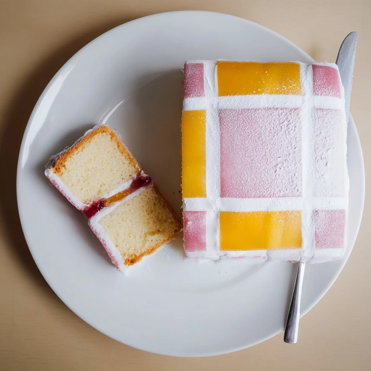British Battenberg Cake featuring alternating pink and yellow sponge squares encased in almond marzipan
